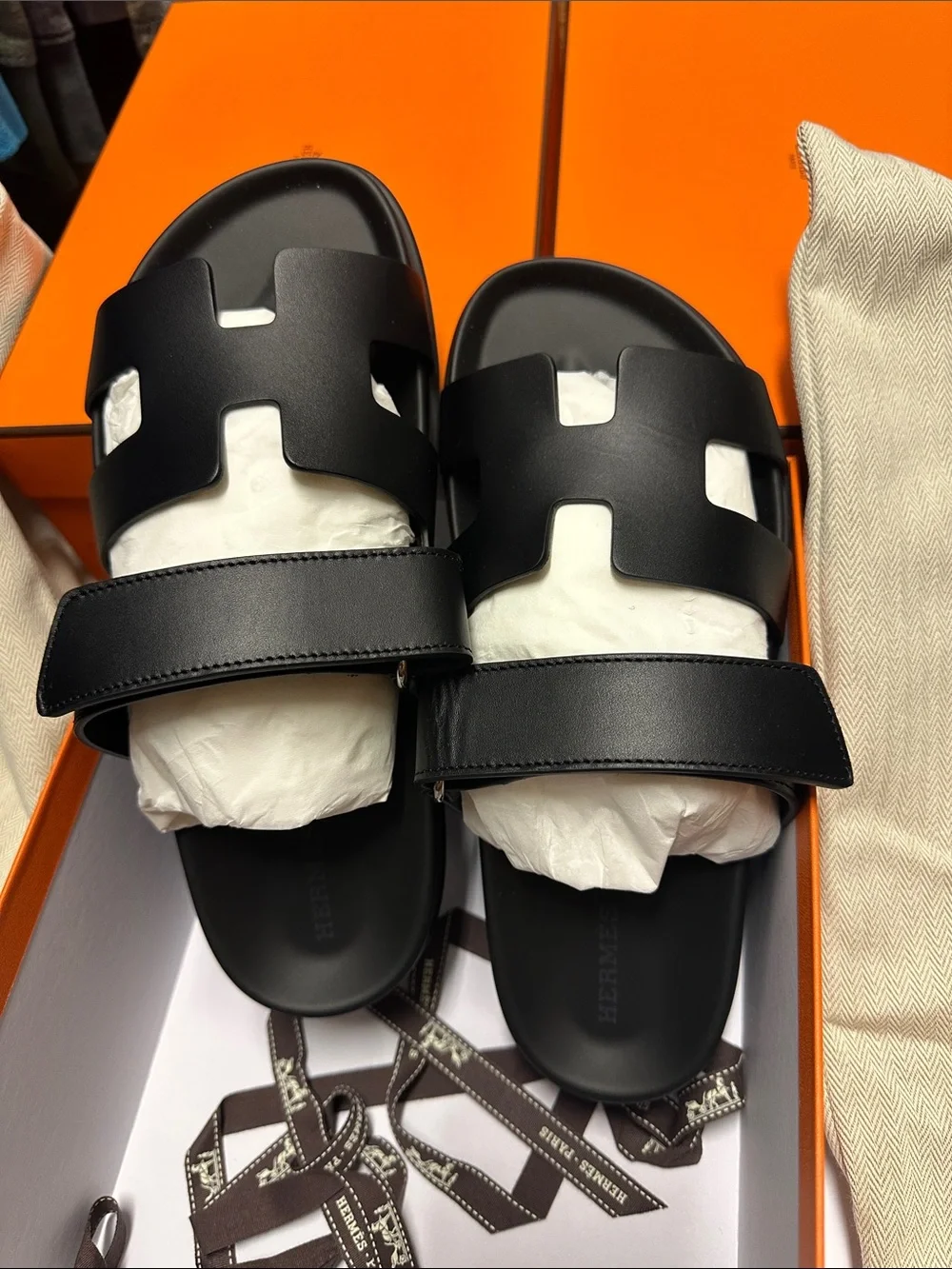 Hermes Black Leather Chypre  Sandals